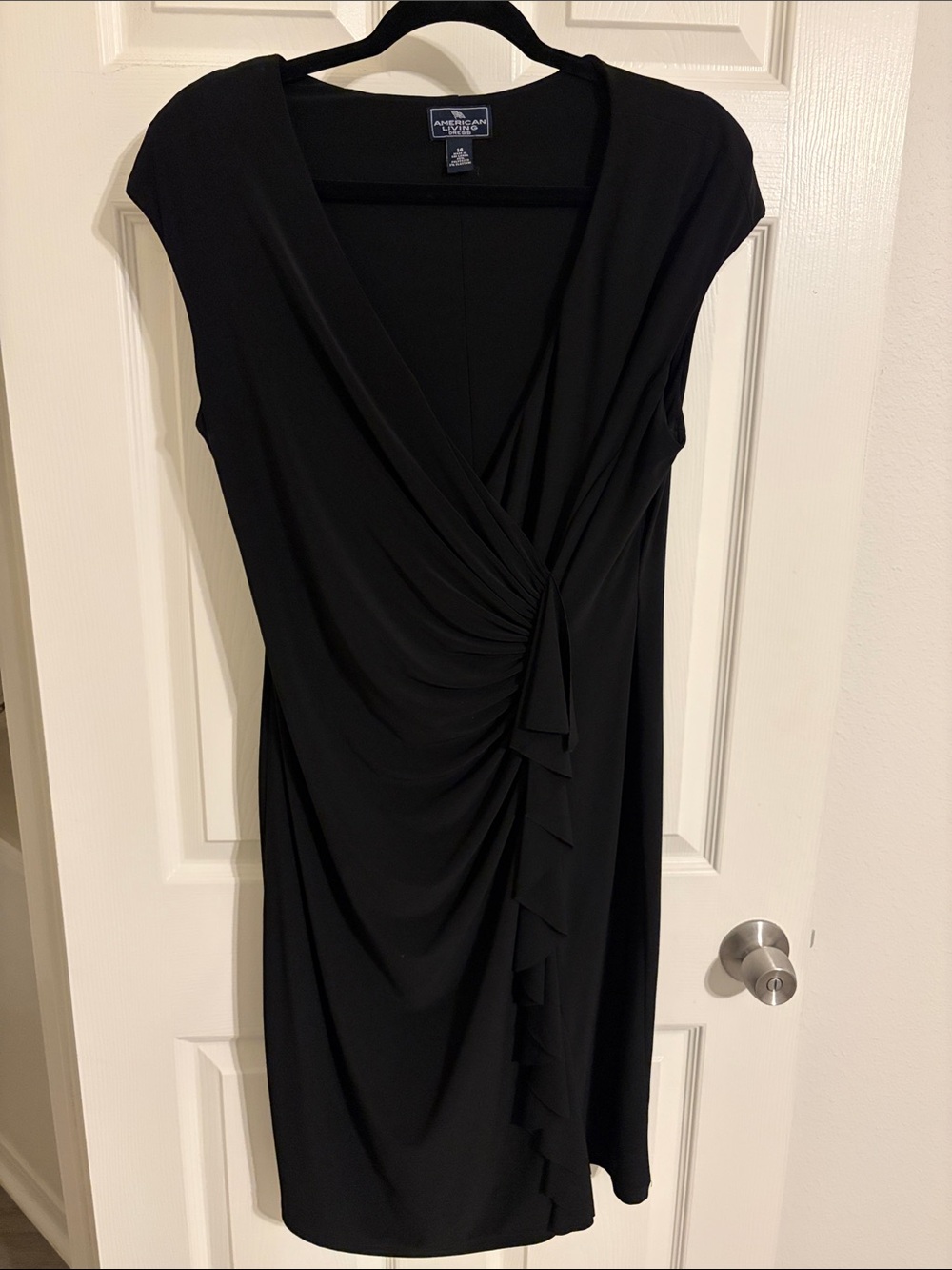 American Living Black Ruched V-Neck Midi Dress with Side Drape